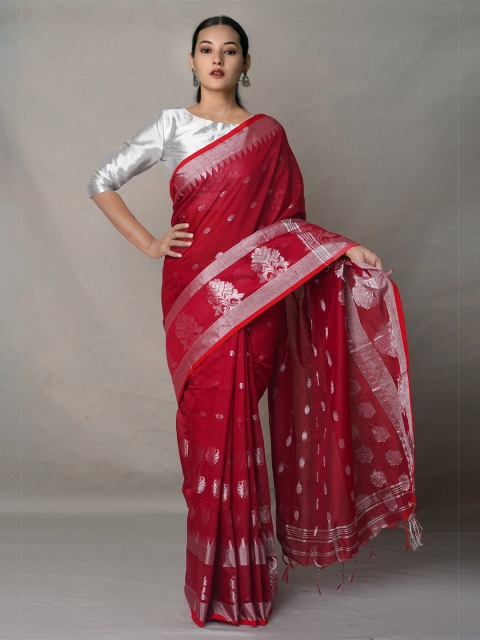 

Unnati Silks Maroon & Silver-Toned Woven Design Zari Silk Cotton Jamdani Saree