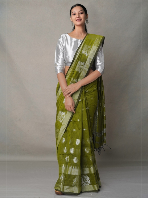 

Unnati Silks Green & Silver-Toned Woven Design Zari Silk Cotton Jamdani Saree