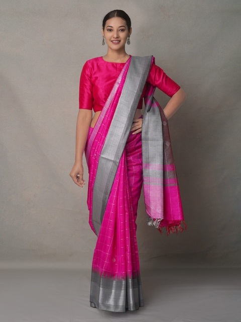 

Unnati Silks Pink & Grey Checked Zari Linen Blend Jamdani Saree