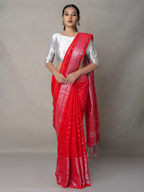 

Unnati Silks Red & Silver-Toned Woven Design Zari Silk Cotton Jamdani Saree