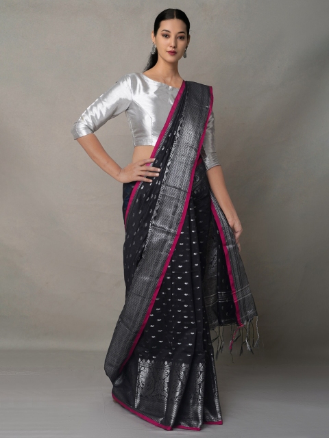 

Unnati Silks Black & Silver-Toned Woven Design Zari Silk Cotton Jamdani Saree