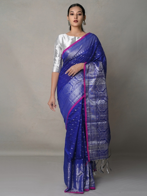 

Unnati Silks Blue & Pink Paisley Zari Silk Cotton Handloom Jamdani Saree