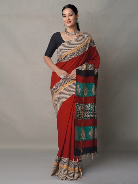 

Unnati Silks Cream-Coloured & Gold-Toned Zari Pure Silk Bagru Saree