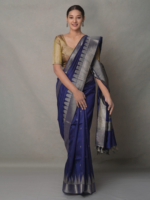 

Unnati Silks Blue & Silver-Toned Woven Design Zari Linen Blend Jamdani Saree