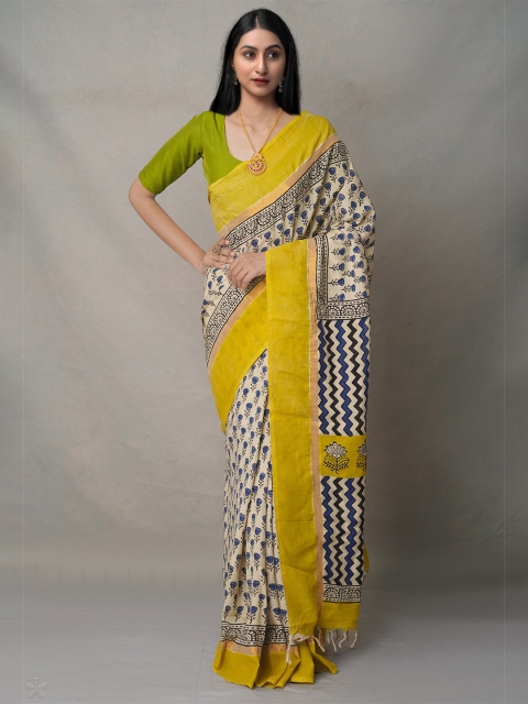 

Unnati Silks Cream-Coloured & Blue Floral Zari Pure Silk Bagru Saree