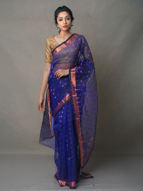 

Unnati Silks Blue & Copper-Toned Woven Design Zari Organza Jamdani Saree