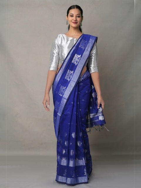 

Unnati Silks Blue & Silver-Toned Woven Design Zari Silk Cotton Jamdani Saree