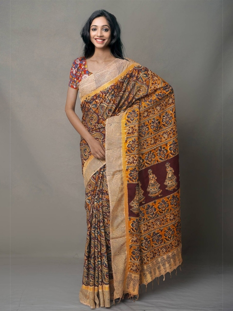 

Unnati Silks Tan & Brown Kalamkari Pure Silk Kanjeevaram Saree