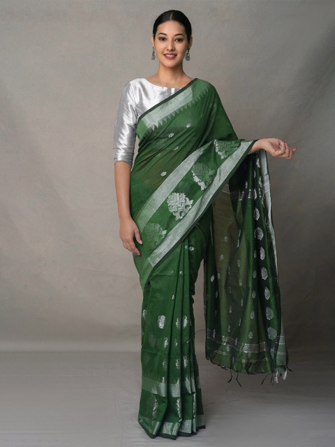 

Unnati Silks Green & Silver-Toned Woven Design Silk Cotton Jamdani Saree