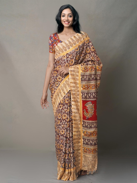 

Unnati Silks Brown & Red Kalamkari Pure Silk Kanjeevaram Saree
