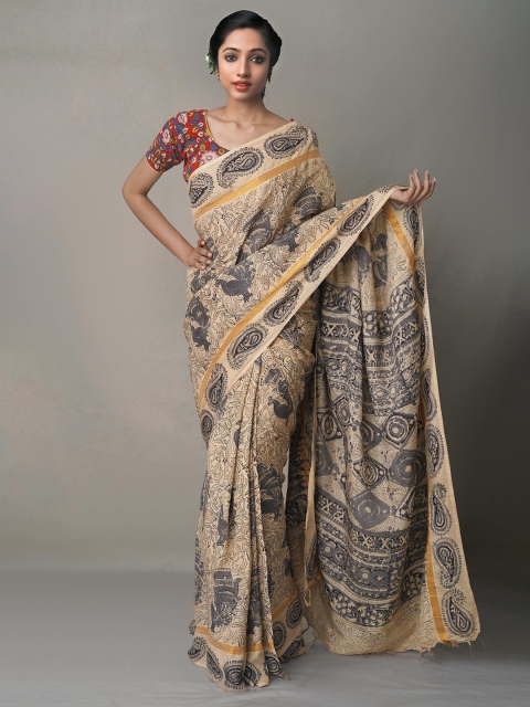 

Unnati Silks Beige & Grey Kalamkari Printed Zari Pure Silk Kanjeevaram Saree