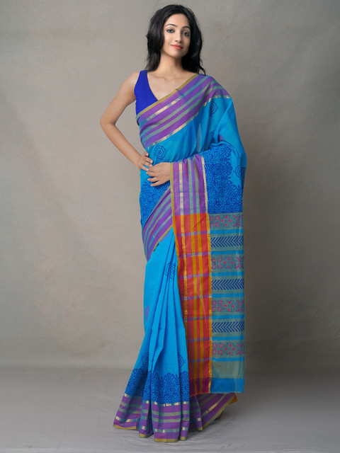 

Unnati Silks Blue & Pink Ethnic Motifs Zari Pure Cotton Mangalagiri Saree