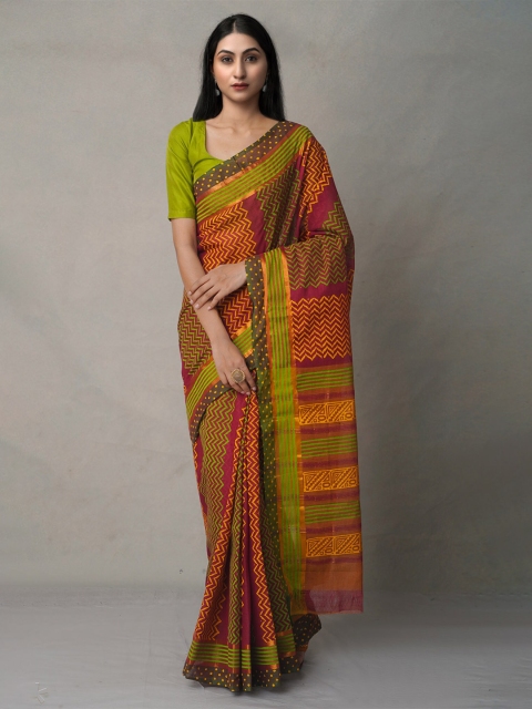 

Unnati Silks Maroon & Green Ethnic Motifs Pure Cotton Mangalagiri Saree