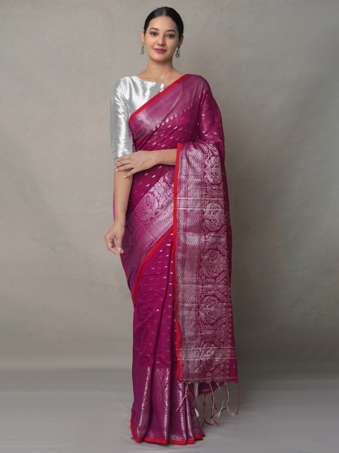 

Unnati Silks Purple & Silver-Toned Woven Design Zari Silk Cotton Jamdani Saree