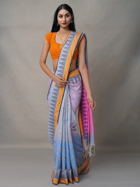 

Unnati Silks Grey & Orange Ethnic Motifs Pure Linen Jamdani Saree, Blue