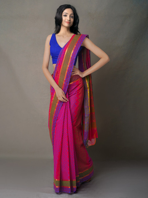 

Unnati Silks Pink & Navy Blue Ethnic Motifs Pure Cotton Mangalagiri Saree
