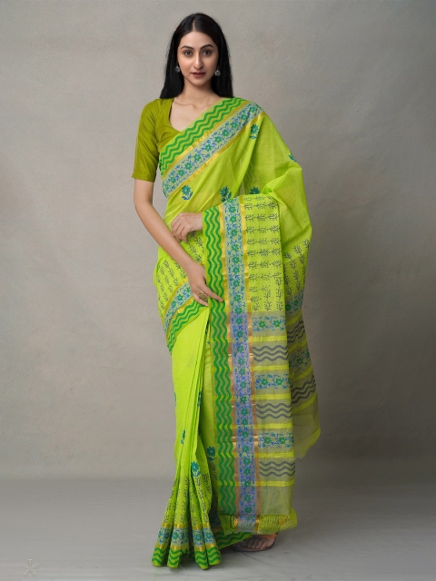 

Unnati Silks Green & Blue Floral Zari Pure Cotton Mangalagiri Saree