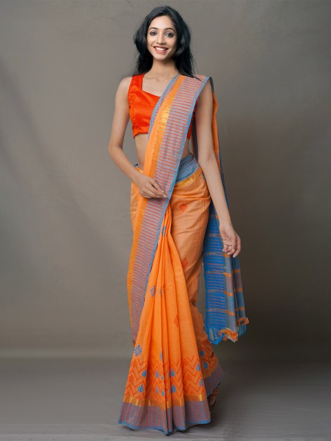 

Unnati Silks Orange & Blue Ethnic Motifs Zari Pure Cotton Mangalagiri Saree