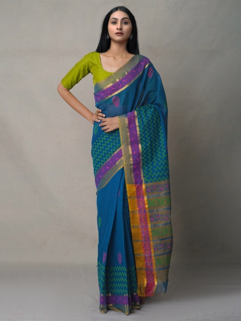 

Unnati Silks Blue & Purple Floral Zari Pure Cotton Mangalagiri Saree