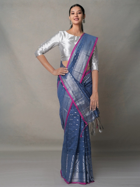 

Unnati Silks Blue & Silver-Toned Woven Design Zari Silk Cotton Jamdani Saree