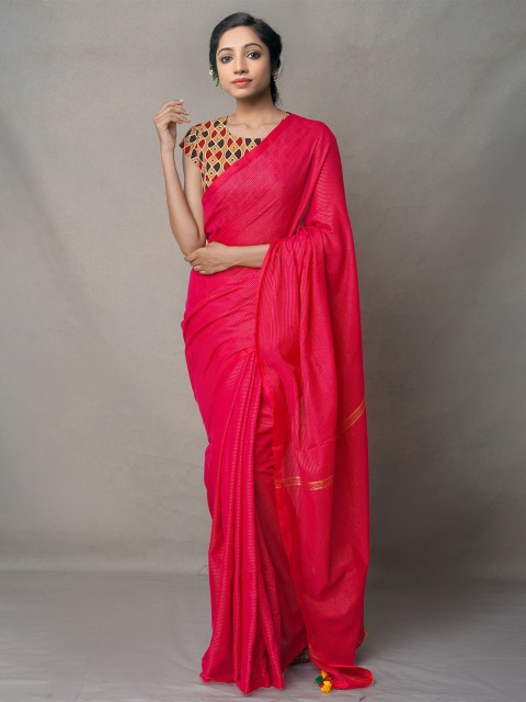 

Unnati Silks Red & Gold-Toned Striped Zari Pure Linen Jamdani Saree