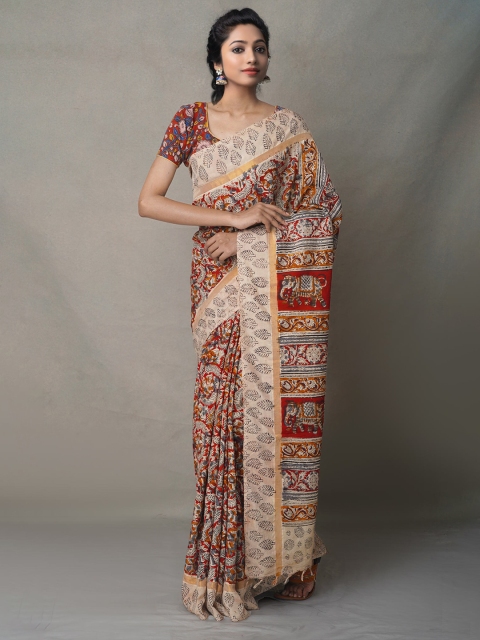 

Unnati Silks Beige & Red Kalamkari Pure Silk Kanjeevaram Saree