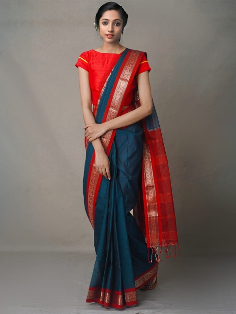 

Unnati Silks Blue & Red Woven Design Zari Silk Cotton Maheshwari Saree