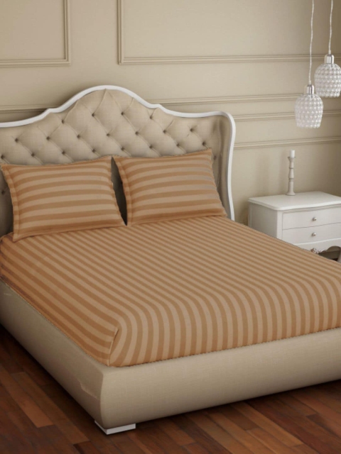 

Sleeping Owls- because your sleep matters Brown & Beige Striped 300 TC King Bedsheet with 2 Pillow Covers