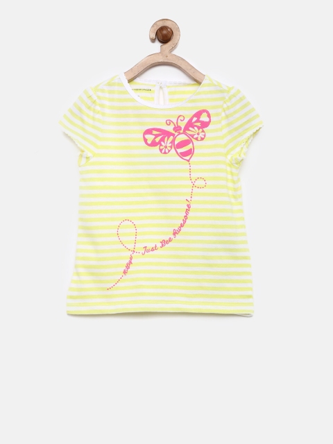 

Tommy Hilfiger Girls Yellow Striped & Printed Round Neck T-shirt