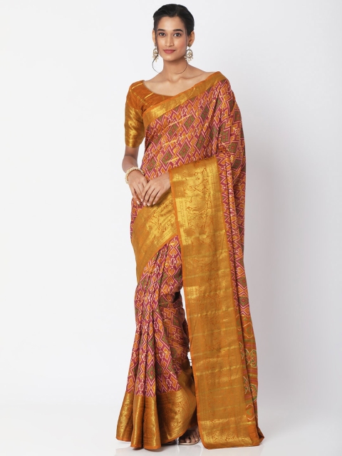 

SALWAR STUDIO Purple & Mustard Ethnic Motifs Silk Blend Patola Saree