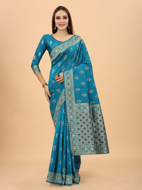 

INDI AVTAAR Bronze-Toned & Gold-Toned Woven Design Zari Silk Cotton Banarasi Saree