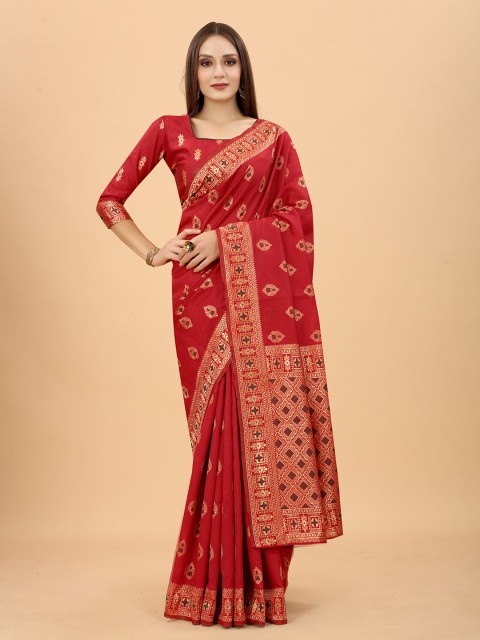 

INDI AVTAAR Red & Green Woven Design Zari Silk Cotton Heavy Work Banarasi Saree