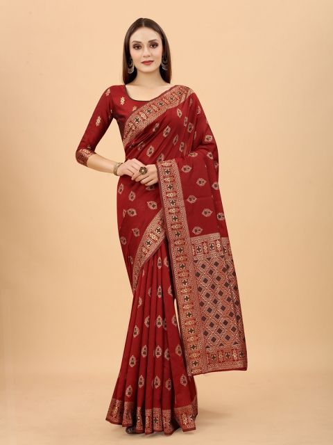 

INDI AVTAAR Maroon & Gold-Toned Woven Design Zari Silk Cotton Banarasi Saree