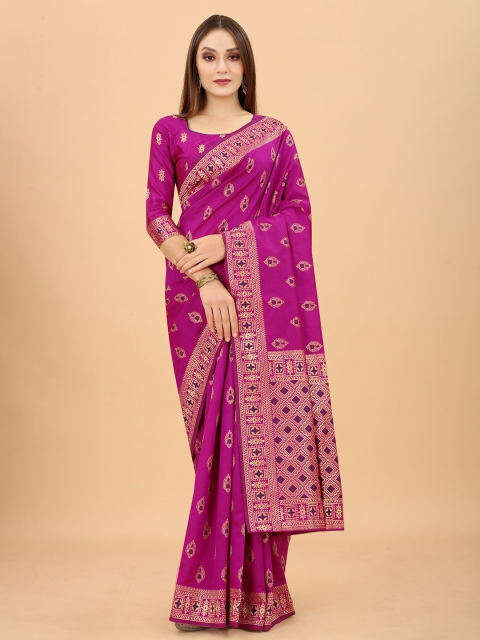 

INDI AVTAAR Pink & Gold-Toned Woven Design Zari Silk Cotton Banarasi Saree