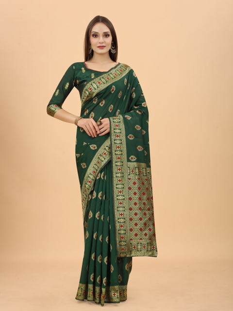 

INDI AVTAAR Green & Red Woven Design Zari Silk Cotton Heavy Work Banarasi Saree