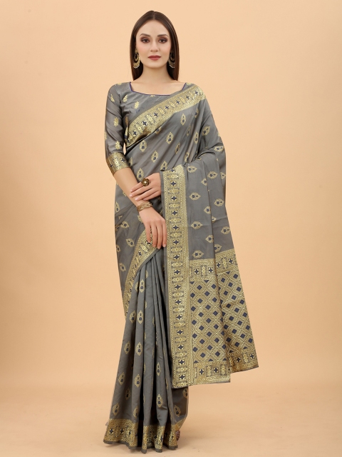 

INDI AVTAAR Grey & Gold-Toned Woven Design Zari Silk Cotton Banarasi Saree