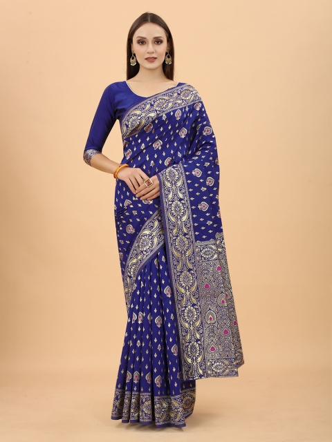 

INDI AVTAAR Blue & Pink Woven Design Zari Silk Cotton Heavy Work Banarasi Saree
