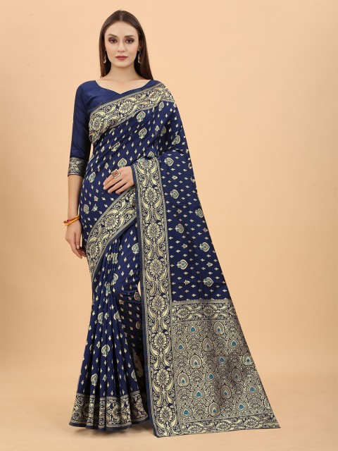 

INDI AVTAAR Navy Blue & Gold-Toned Woven Design Zari Silk Cotton Heavy Work Banarasi Saree