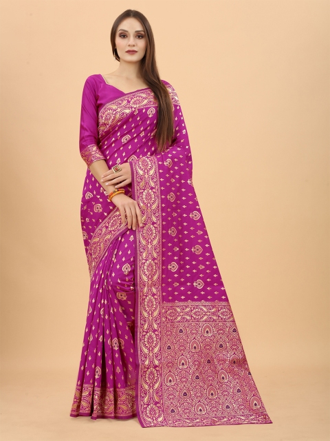 

INDI AVTAAR Pink & Gold-Toned Woven Design Zari Silk Cotton Heavy Work Banarasi Saree