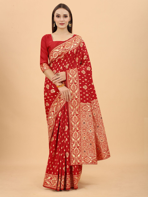 

INDI AVTAAR Red & Gold-Toned Woven Design Zari Silk Cotton Heavy Work Banarasi Saree