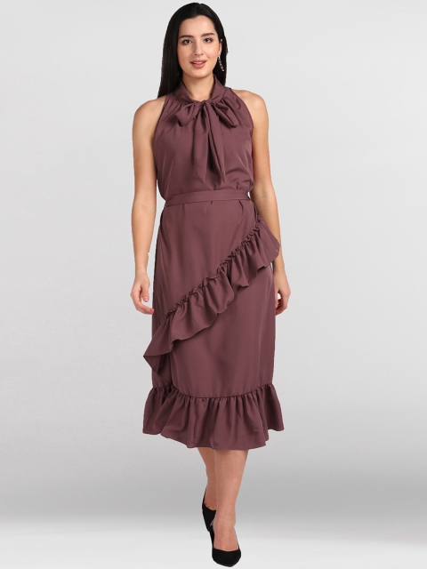 

shashvi Brown Tie-Up Neck Crepe Ruffled Sleeveless Sheath Midi Dress