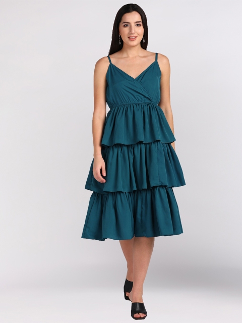 

shashvi Blue Layered Crepe Fit and Flare Western Midi Dress