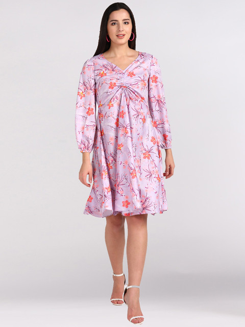 

shashvi Purple Floral Crepe A-Line Dress
