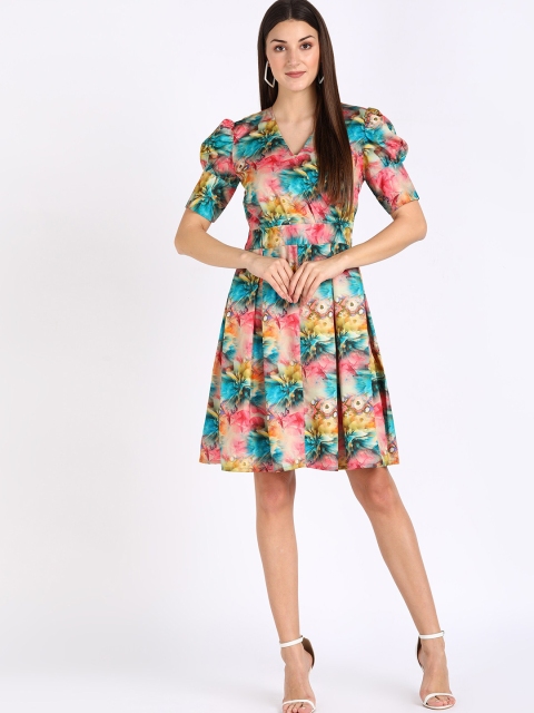 

shashvi Women Blue & Pink Floral Printed Crepe Fit and Flare Dress