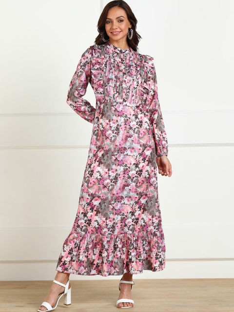 

shashvi Pink & Grey Floral Printed Yoke Pleated Crepe A-Line Maxi Dress