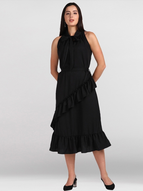 

shashvi Women Black Tie-Up Neck Crepe Fit and Flare Dress