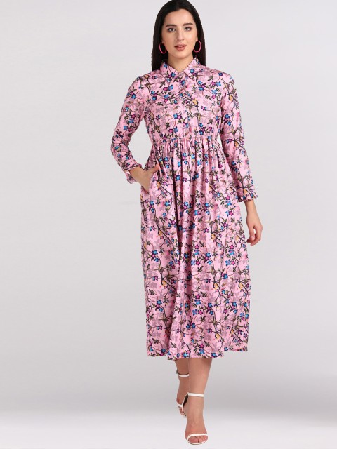 

shashvi Pink & Multicoloured Floral Crepe Empire Midi Dress
