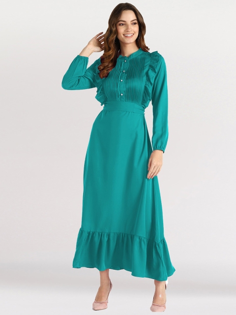 

shashvi Teal Crepe Empire Maxi Dress With Waist Tie-up