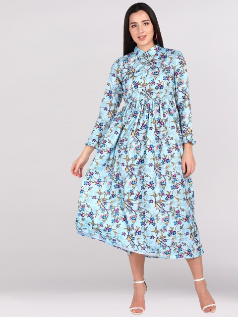 

shashvi Blue Floral Crepe Fit and Flare Midi Dress