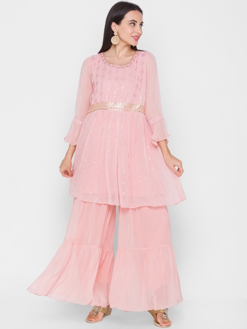 

ZOLA Women Pink Embroidered Pleated Kurti with Sharara